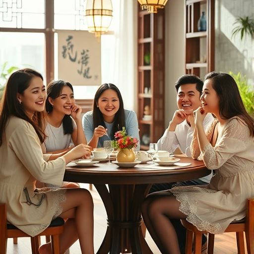 朋友围坐茶桌，气氛轻松愉快
