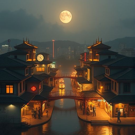 抽象的网络信息流在都市夜景中连接