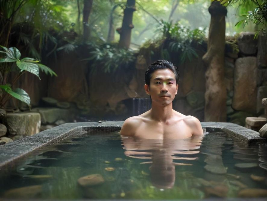 一位男士在高端SPA环境中享受放松，侧面特写展示宁静的氛围和芳香疗法场景。