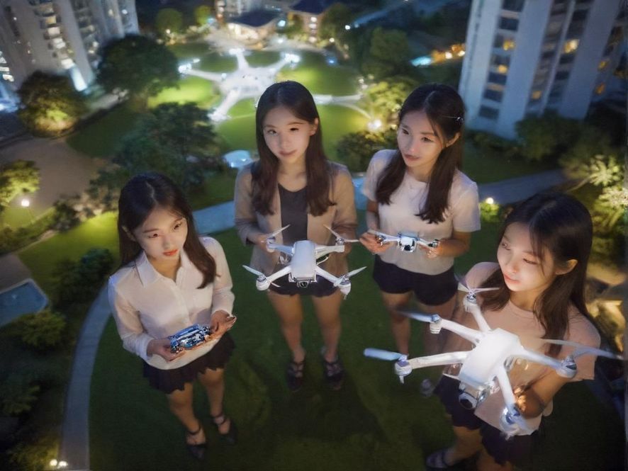 一群航空爱好者在户外公园里，围绕着一台无人机热烈讨论，背景是绿树和远处的城市建筑，阳光明媚。