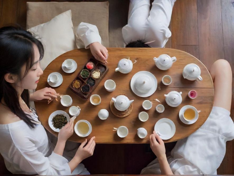 一套精致的陶瓷茶具摆放在一张原木茶桌上，茶壶、茶杯、公道杯等器皿错落有致，光线柔和，桌面干净整洁