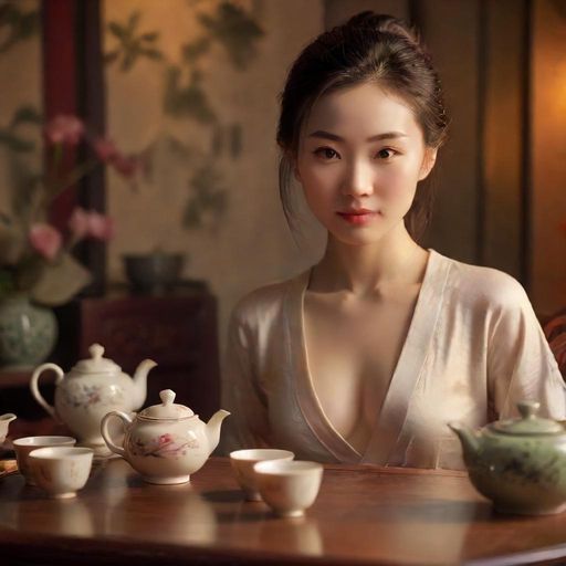 一套精致的茶具摆放在桌上，背景是温暖色调的房间，暗示着私密和舒适。