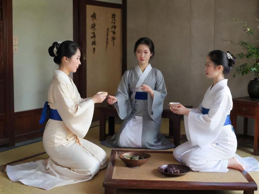 古色古香的茶室，光线柔和，充满东方韵味，暗示着隐秘而高雅的休闲场所。