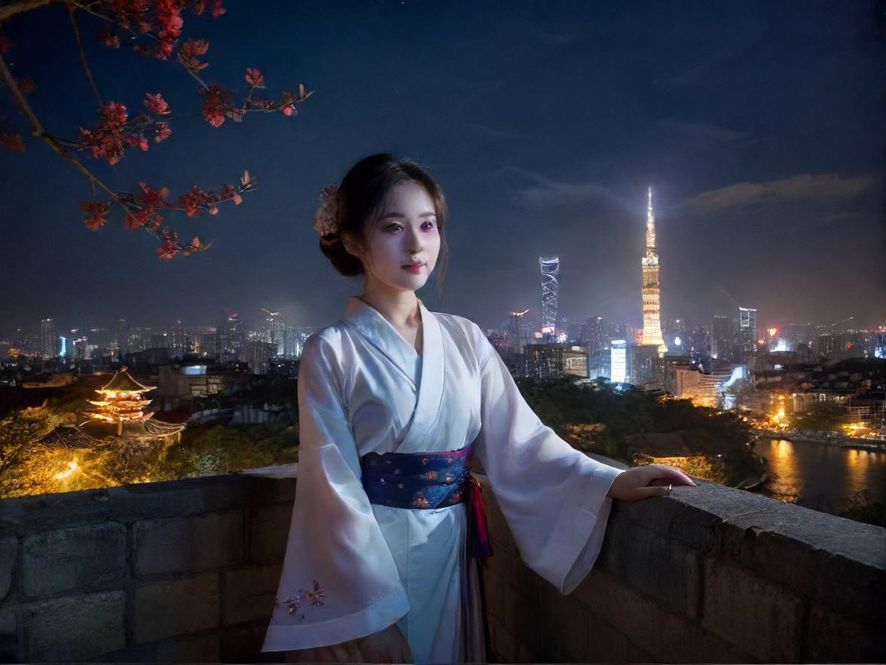 一座夜晚的高端私人会所入口，远处是城市的霓虹，近处是奢华的装饰和柔和的灯光。