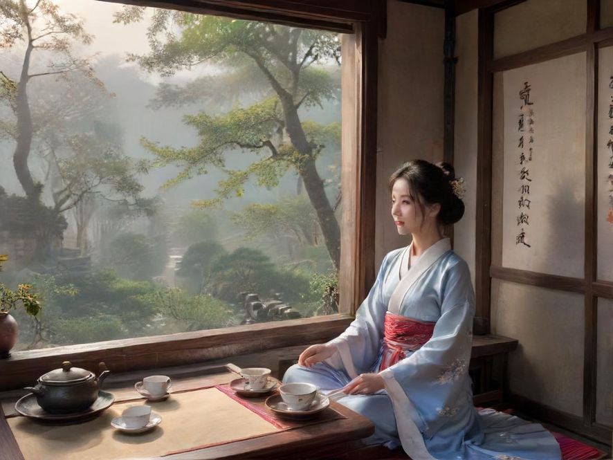 优雅茶室中的休闲娱乐美女侧影