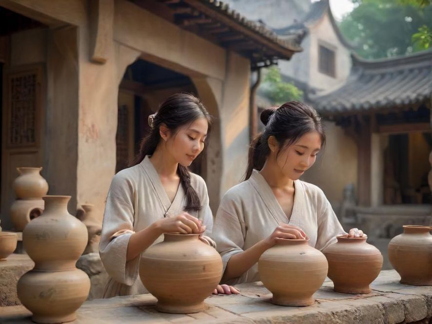 情侣在古色古香的广佛陶艺坊里，享受手作的乐趣