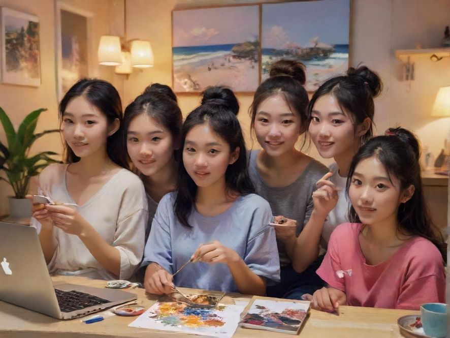 描绘了一群来自不同年龄和背景的人们，他们各自在家中通过设备进行在线学习，有人在画画，有人在编程，还有人在烘焙，画面呈现出充满活力的拼贴风格和现代设计感。