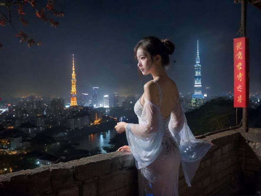 手机屏幕上显示着佛山夜景背景的信息流，象征着在夜晚寻找最新的信息