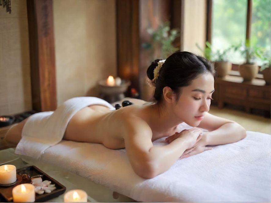 一位专业的按摩师正在为顾客进行背部按摩，顾客面部表情放松，背景是高端SPA会所的宁静环境。