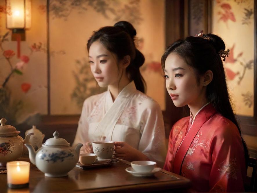 一间充满东方韵味的神秘茶室内部，光线柔和，环境雅致