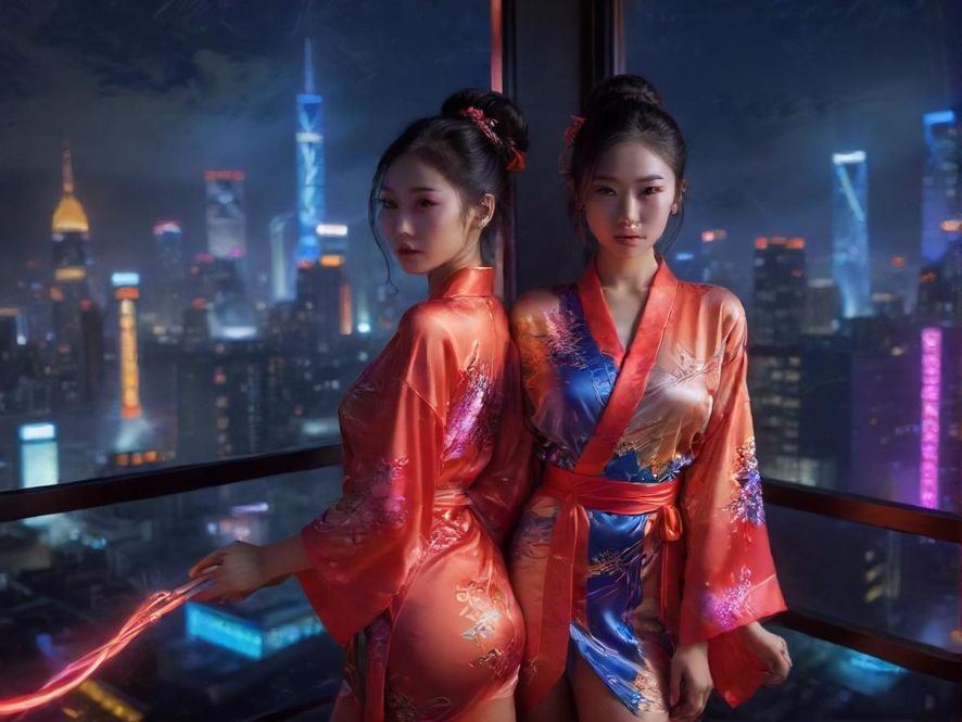 从高处俯瞰广州或深圳的夜场休闲娱乐区，霓虹灯光璀璨，展现出现代都市的活力和动感。