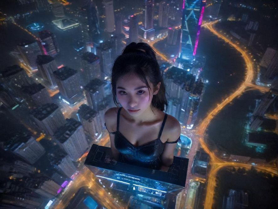 广州的夜晚，霓虹灯点亮了整座城市，车流如织，透露出都市的活力与神秘。