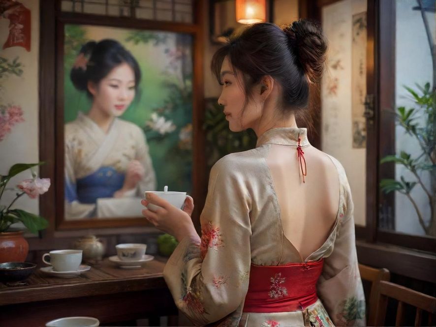 一位女士在广佛园林茶馆中品茶的背影，展现出优雅与宁静