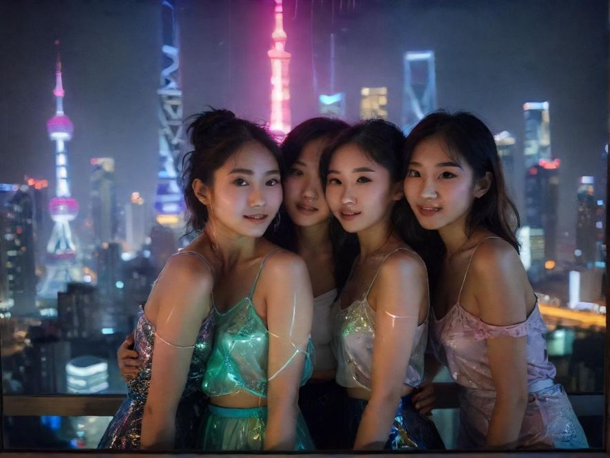 上海夜景下的都市霓虹，光影斑驳，仿佛在窗边眺望，充满了神秘与诱惑。
