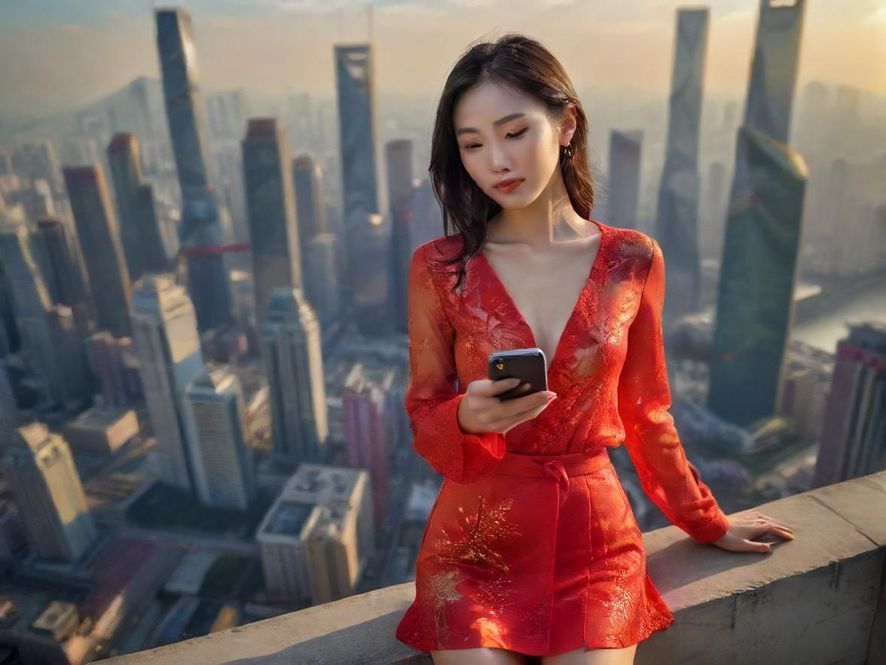 一个人在深圳的窗边看着手机放松
