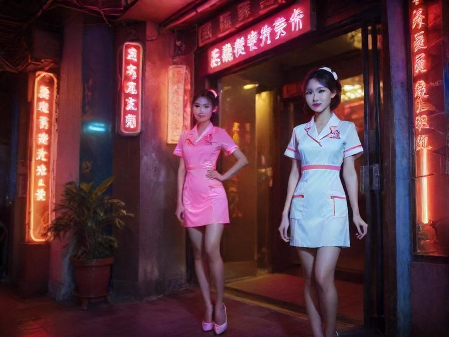 广州夜色下的休闲会所入口，霓虹灯闪烁，氛围温馨诱人。