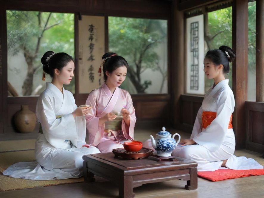 一间布置雅致的茶室内部，光线柔和