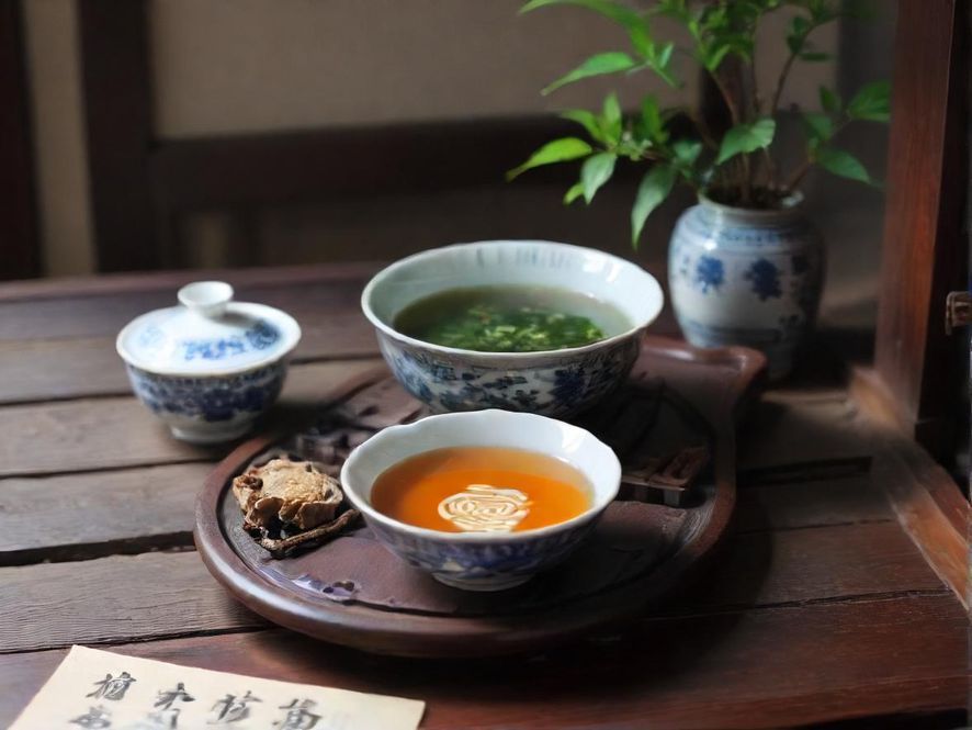 古色古香的茶室一角，光影交错，散发着宁静祥和的气息