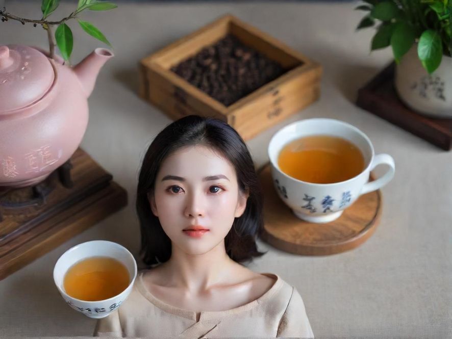 一位气质优雅的女士侧身坐着，轻柔地端起茶杯品尝，脸上洋溢着满足而惬意的笑容，背景是充满艺术气息的休闲空间，整体画面唯美而富有诗意。