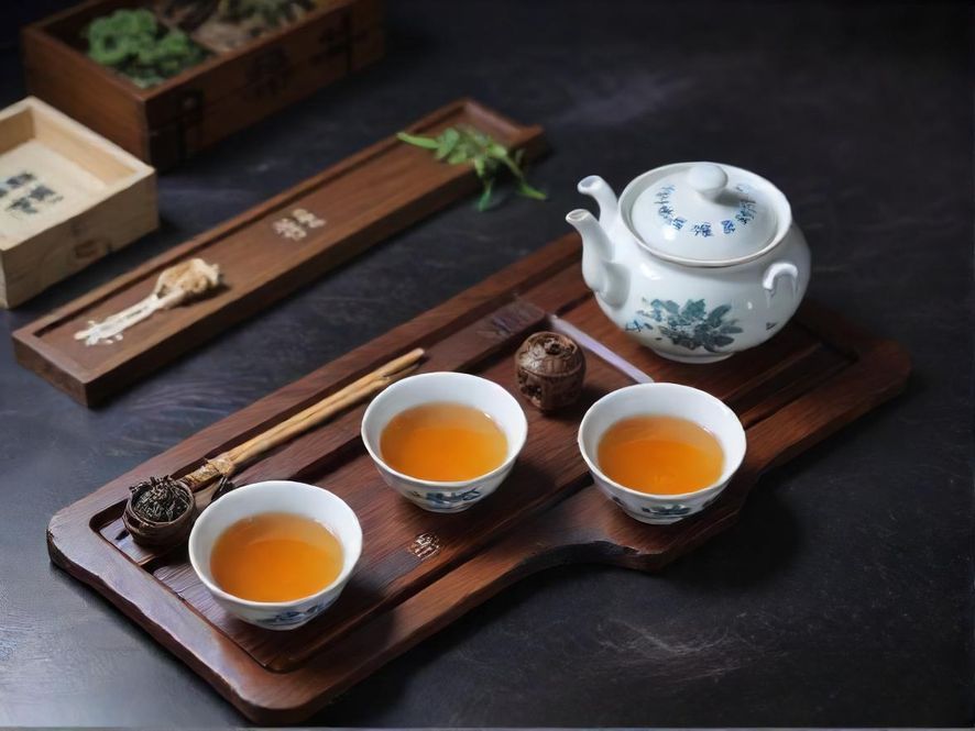 一只手轻柔地握着精美的青瓷茶杯，杯中茶汤清澈，背景是模糊的古色古香茶道场景，营造出一种唯美而宁静的品茗意境。